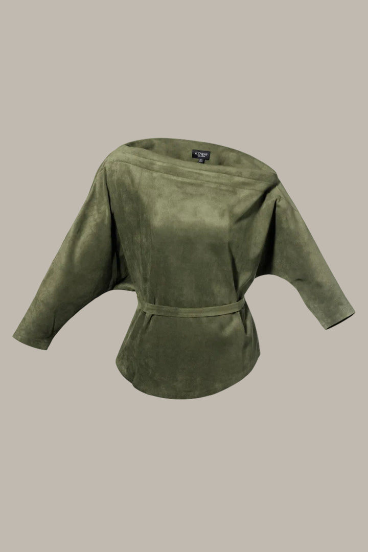 JASMIN- Stretch Suedette off the shoulder top with bow-belt